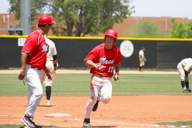 Ben Lewis (#17) is all smiles as he heads home from a Cameron Cruz home run.  It was Lewis though that helped Mesa score their first four runs of the game. (Photo by Aaron Webster)