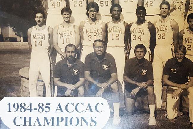 Coach Youree (bottom row, 2nd to the left) poses in Mesa's 1984-1985 ACCAC Championship Team.