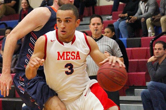 Michael Vos-Otin scored the final points for Mesa to beat Pima, 94-93, in overtime. (photo by Aaron Webster)
