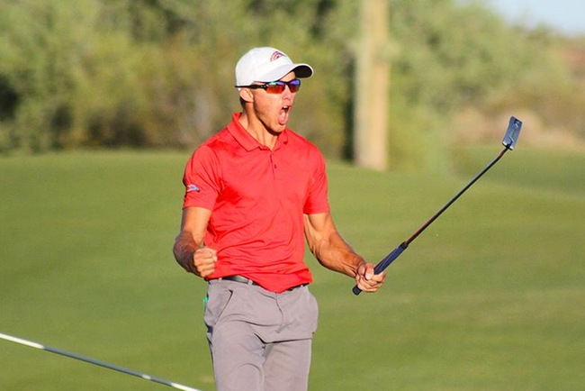 Jeff Kelley roars with excitement after sinking a 25 foot birdie putt on hole 18 to solidify Mesa's National Championship. (Photo by Aaron Webster)