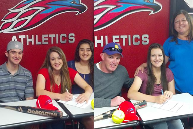 Leighann Ballesteros, second from left with her brother and sister, and Korey Heath, second from right, with her parents, are the latest recruits signed by MCC softball