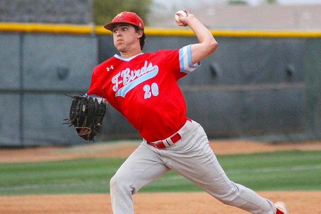 Holden Bernhardt pitched six innings and strike out 10 while earning the win for Mesa in game two down at Arizona Western. (Photo by Aaron Webster)