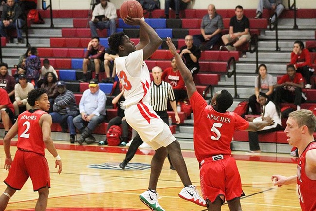 Sindou Diallo connects on two of his 15 points in Mesa's win over Cochise College Wednesday night. (Photo by Aaron Webster)
