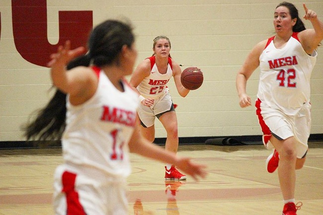 Mesa's Courtney Colleary leads a T-Bird fast break with Madison Chesarek (#42) and Lynnae Mitchell (#11) out in front. (photo by Aaron Webster)