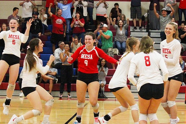 Jubilation ensues as Mesa scores the final point to defeat the Eastern Arizona Gila Monsters in five sets Friday night.(Photo by Aaron Webster)