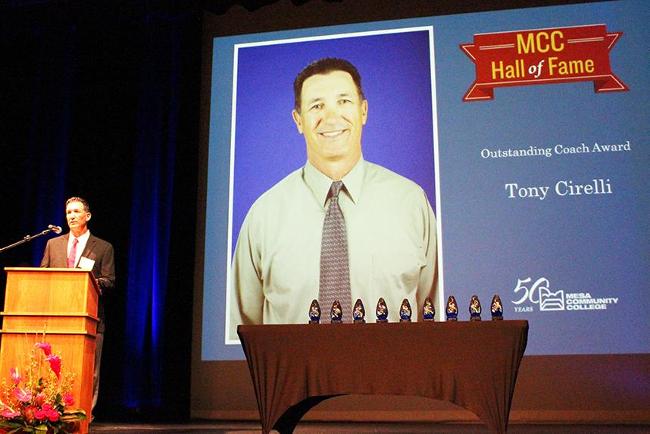Mesa Community College Head Baseball Coach Tony Cirelli speaks at the 2015 MCC Hall of Fame Ceremony
