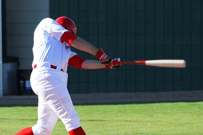 Kody Funderburk hit a two-run homer in the bottom of the first inning to give Mesa a 2-1 early lead.  Funderburk was also the starting pitcher for the T-Birds. (photo by Aaron Webster)