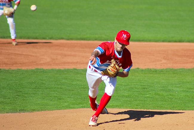 Chase Merriman pitched six scoreless innings and earned the win in Mesa's victory over Phoenix College, 4-0. (Photo by Aaron Webster)