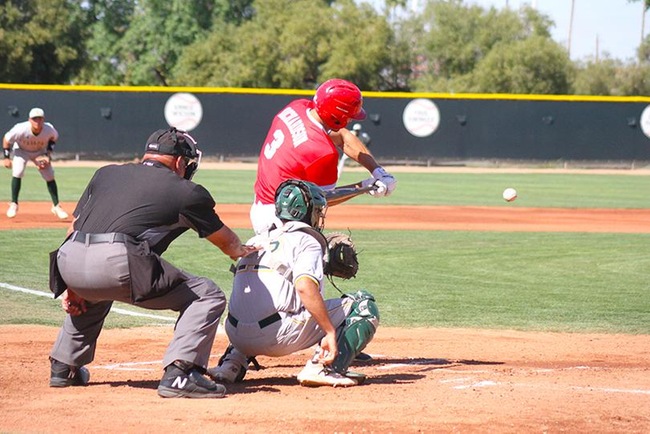 Mesa's Kelby Richardson connects on a solo home-run in game one Saturday afternoon against Yavapai College. (Photo by Aaron Webster)