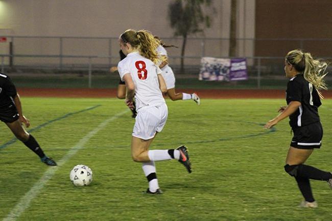Emily Lynch(#8) scored one of the two Mesa goals on the night to beat Phoenix College, 2-1