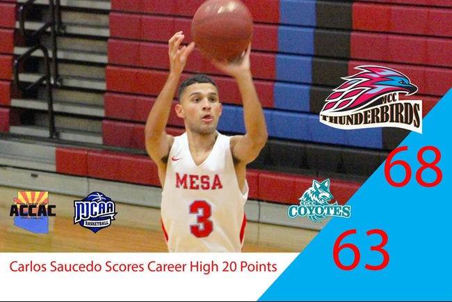 Mesa Men's Basketball Clinches #3 Seed for Region I Playoffs with Career High 20 Points From Carlos Saucedo in Win Over Chandler-Gilbert, 68-63
