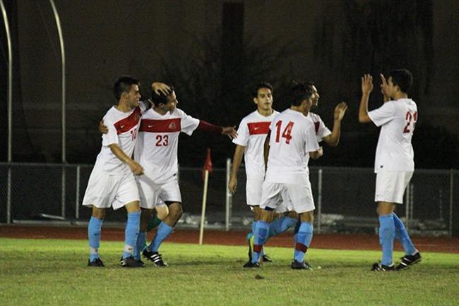 Men's soccer celebrate their third goal of the game vs Scottsdale