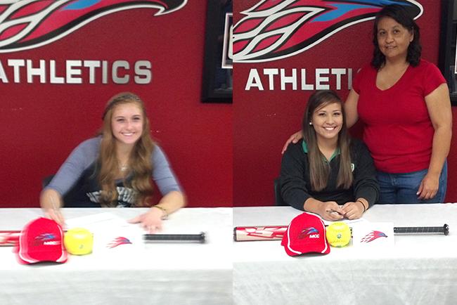 Faith Napodano, left, and Adelyne Gomez, with her mother, are Mesa's first two softball recruits for 2016