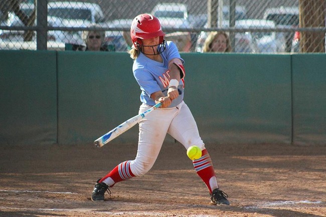 Kennedy Partee hit three double's Tuesday afternoon with the big one coming in extra innings of game two to score Mesa's go-ahead run at Chandler-Gilbert. (Photo by Aaron Webster)