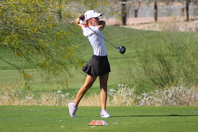 Megan Fusak improved her score today by two strokes, shooting an 86 to help Mesa move into 9th place as a team at the NJCAA National Tournament. (Photo by Aaron Webster)