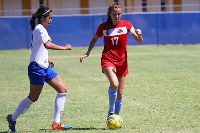 Celeste Cunningham scored the first goal of the season for Mesa in their 2-0 victory over South Mountain(photo by Aaron Webster)