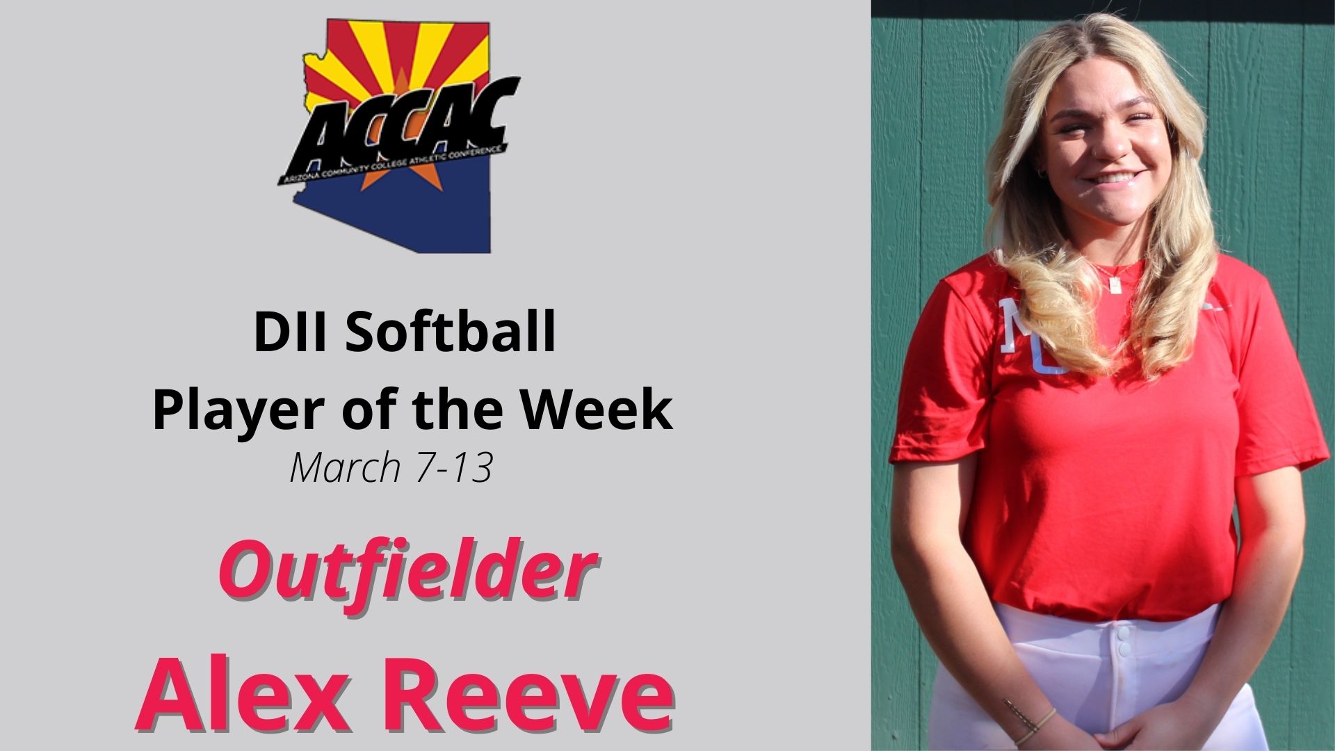 Alex Reeve Named ACCAC DII Softball Player of the Week